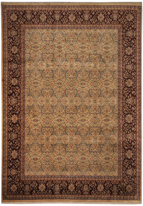 Gold field 9' x 12' Jaipur wool rug with deep brown floral border and ivory fringe