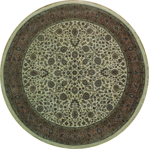 Ivory round Agra rug with all-over floral vine field and wide salmon palmette border