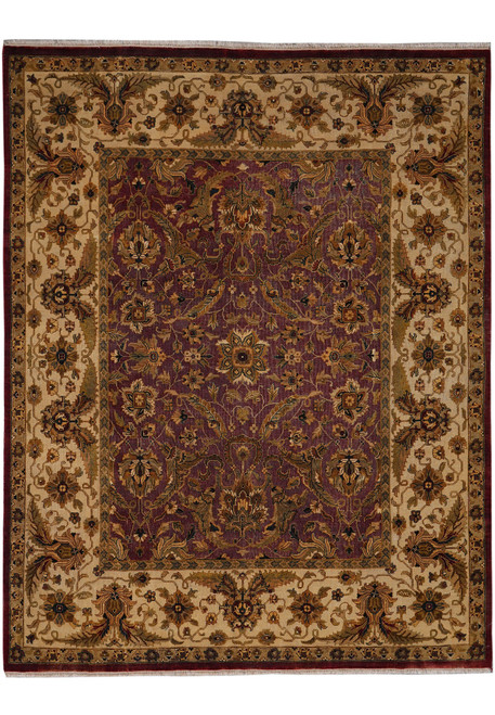Burgundy and ivory Jaipur rug with all over floral field and wide beige border
