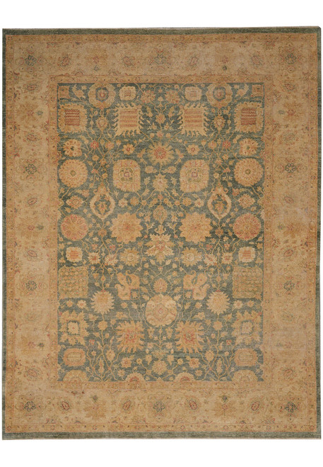 Green and gold 9' x 11'5" Ziegler Oriental rug shown flat, all-over floral field