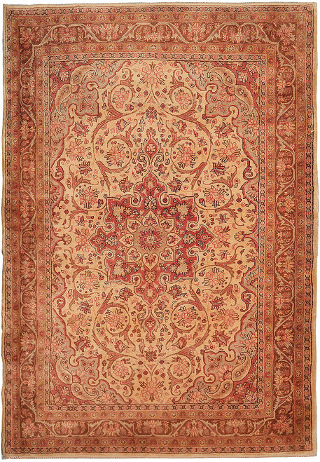 Full overhead view of 3'8" x 5'3" antique Persian Ghazvin rug with rust medallion on beige field