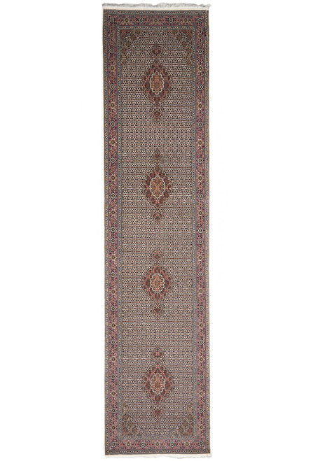 3'3" x 13'3" Persian Tabriz runner shown flat with 4 rose medallions on dense herati field