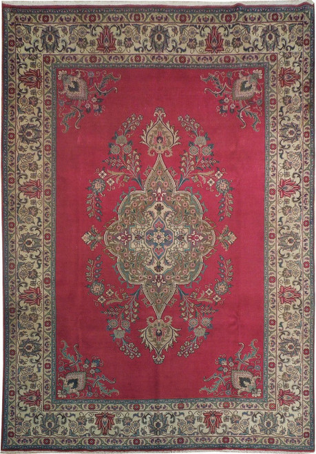 Red and ivory semi antique Persian rug with central floral medallion and ivory palmette border