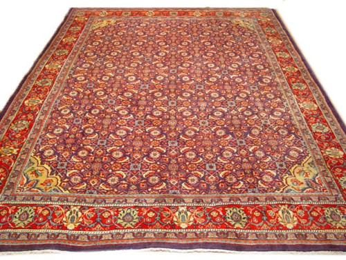 Full view of 10' x 13' Persian Mahal rug with mauve field and red floral border