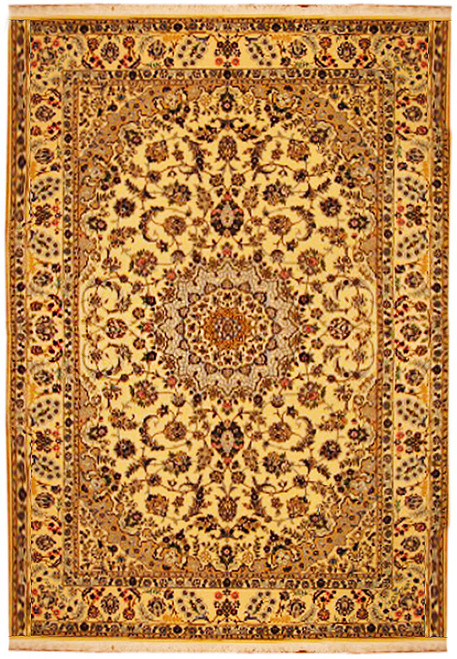 Full view of the 5'4" x 7'6" ivory Persian Nain rug with central floral medallion