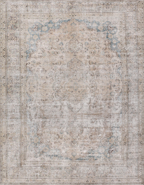 Full overhead view of vintage Persian rug in pastel gray with faded blue medallion and borders