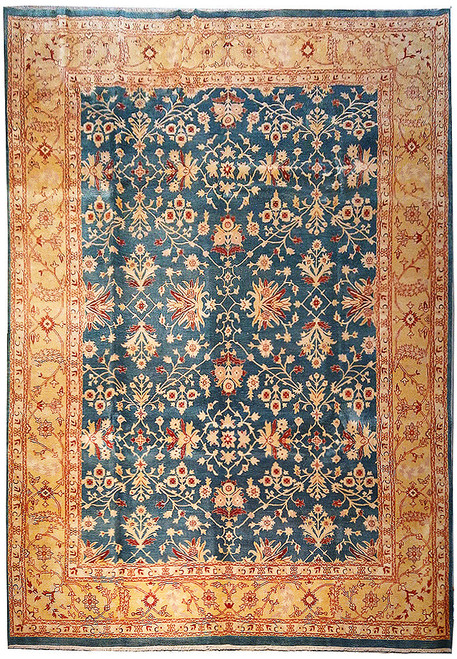 Teal and gold Ziegler rug with all-over ivory floral lattice and wide gold border