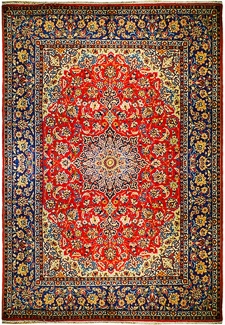 Overhead view of tomato red Persian Tabriz rug with star medallion and peacock blue floral border