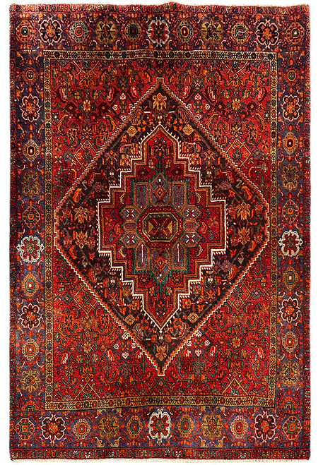 Dark rose Persian Bijar rug with stepped ivory outlined medallion and eggplant purple rosette border