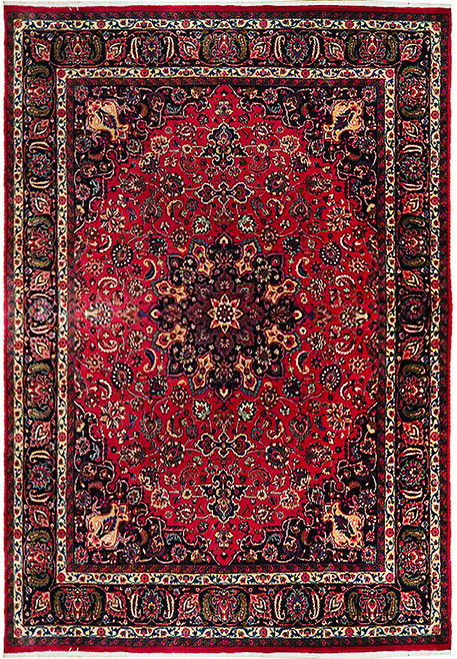 10'2" x 12'8" Persian Tabriz design rug shown flat with red field and ivory medallion