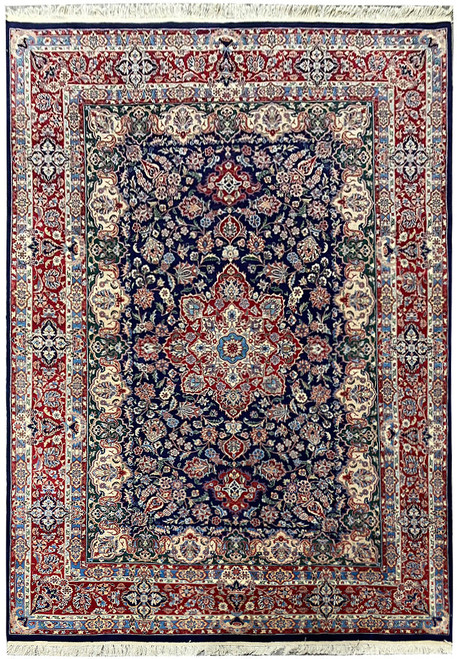 Full view of 6' x 9' Sino Tabriz rug with navy field and red floral medallion