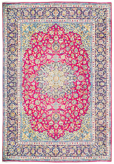 Full view of red and rose toned Persian Najafabad rug with ivory medallion and indigo floral borders