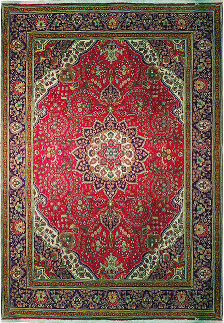 Rose red Persian Lilihan rug with ivory spandrels, navy floral border and central star medallion