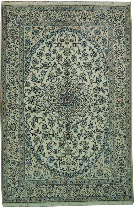 5'1 x 8'1 Persian Nain rug shown flat with ivory field, blue floral medallion and spandrels