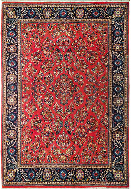 Red Persian Sarough rug with navy floral border and all over blossom field, 7x11 size