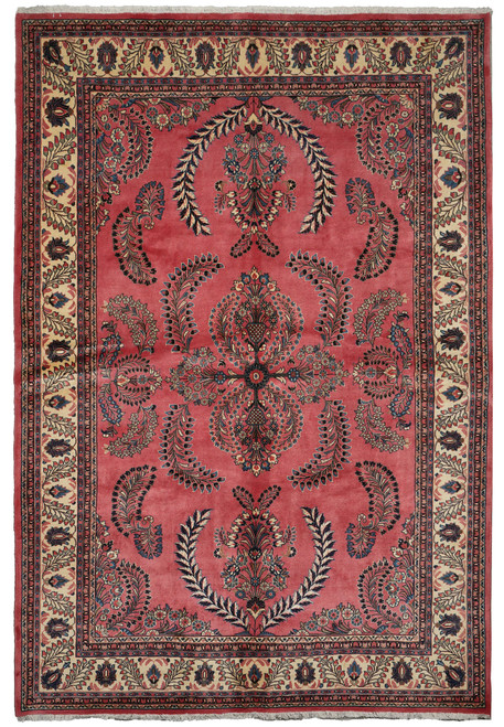 Full overhead view of 7'2" x 10'7" Persian Sarouk rug with coral red floral field