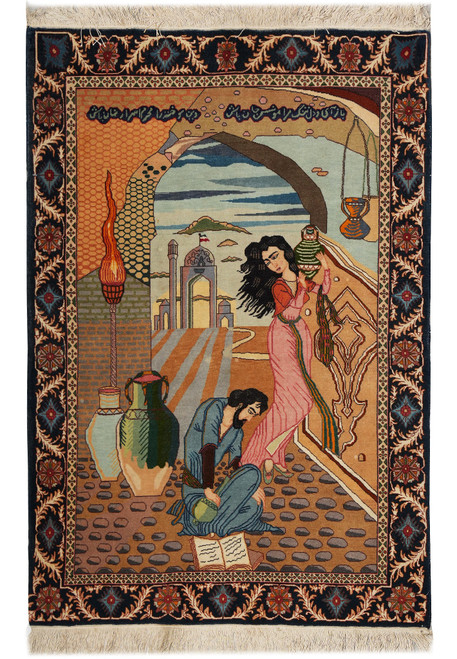 Full view of the pictorial rug showing courtyard scene, seated man, standing woman and navy floral border