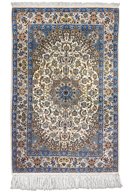 3'8 x 5'8 Persian Isfahan rug with ivory field, star medallion, pistachio spandrels and sky blue border