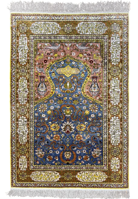 3'6 x 5'1 Turkish Kayseri pure silk prayer rug, Kum Kapi style with blue mihrab, vases, birds and calligraphy border