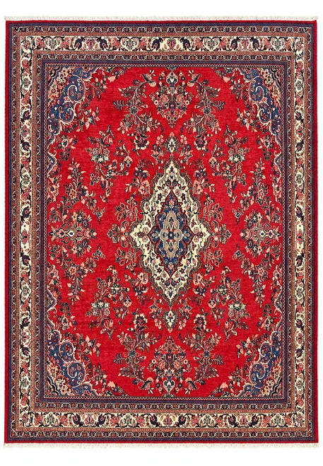 10'5 x 13'8 Persian Mahal rug with red floral spray field, ivory diamond medallion and ivory border