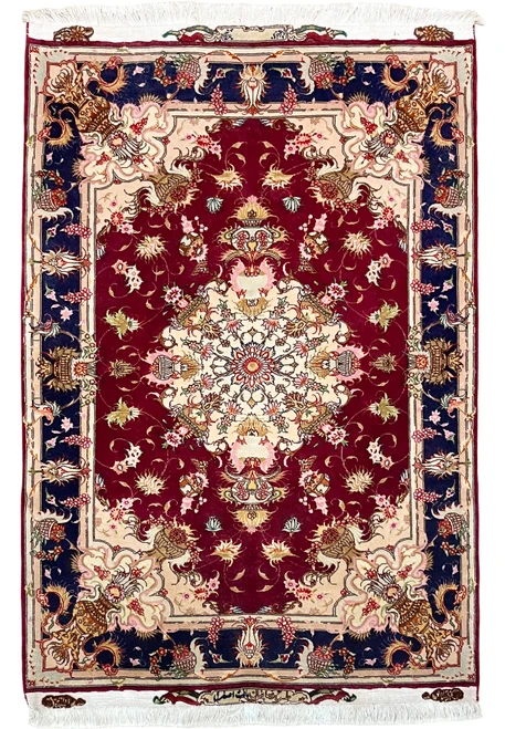 3'5 x 5 Persian Tabriz 60 Raj rug with burgundy field, ivory star medallion, peach spandrels and navy vase border