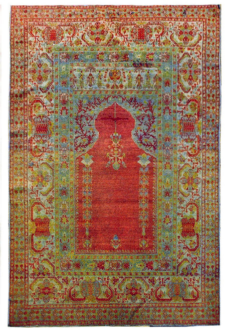Vivid coral and green Turkish Kayseri prayer rug with pointed mihrab arch and floral borders