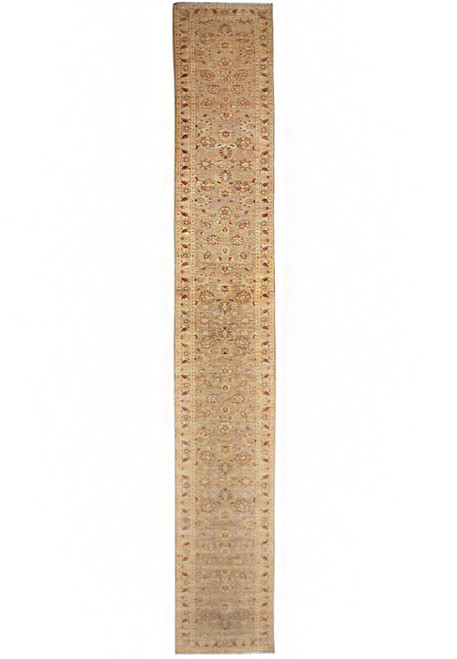 2'4" x 19'3" Chobi Ziegler runner shown full length, all-over floral field in soft brown