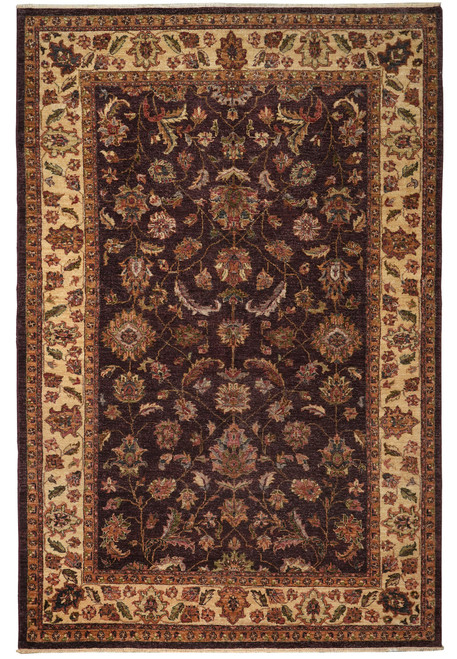 Full overhead view of 6' x 10' Chobi wool rug with burgundy field and ivory floral border