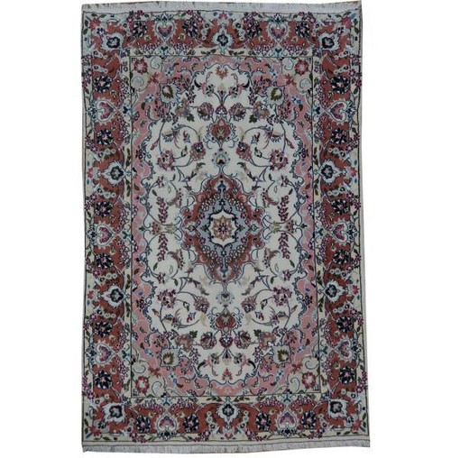 Ivory Persian Tabriz rug with coral floral medallion, rose border and navy palmette accents, shown flat
