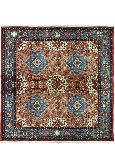 Square 6'10 x 6'10 Persian Nahavand rug with rose field and five blue floral medallions