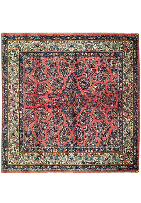 Rose red Persian Sarough rug with ivory floral border and allover navy blossom lattice design