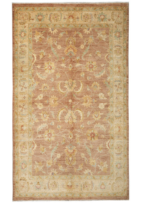 Full overhead view of 6' x 9' Chobi Ziegler rug with rust field and ivory border