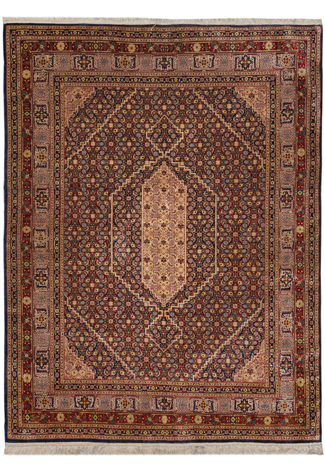 5' x 6'2" Persian Tabriz Mahi rug with midnight blue herati field and ivory stepped medallion