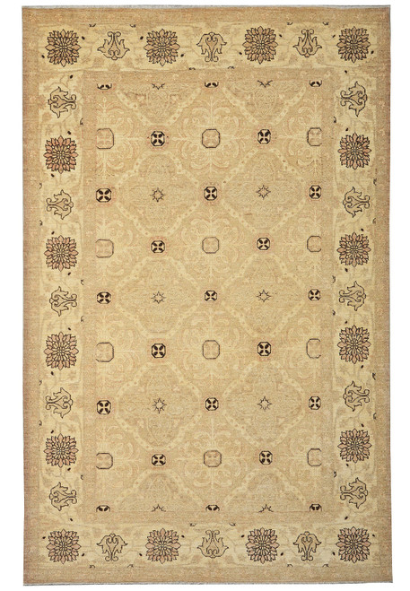 Beige Chobi Peshawar oriental rug with ivory lattice field and dark brown rosette border