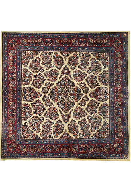 Cream field Persian Sarouk rug with navy floral lattice and burgundy border, full overhead view