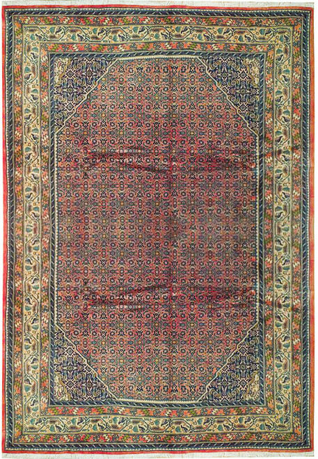 Coral red Persian Bijar rug with navy Herati fish lattice and cream boteh border