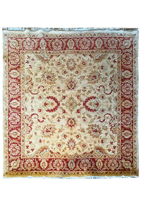 Ivory and coral red square Chobi Ziegler rug with all over floral vine design, overhead view