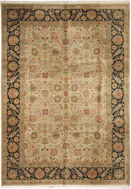 Full view of 10' x 14' Indian Oriental rug with beige floral field and navy border