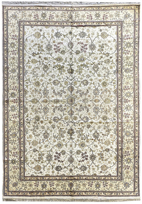 Full view of 8' x 10' ivory bamboo silk rug with all over Tabriz floral vine design