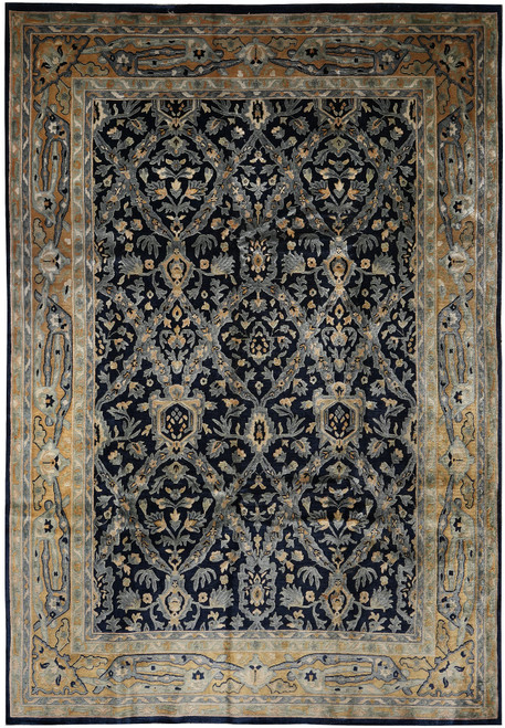 Overhead view of navy blue and gold Nepali Oriental rug with all-over floral vine field