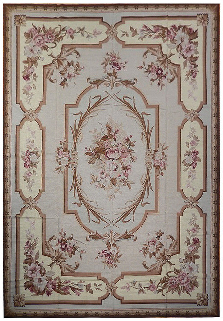Ivory and gray blue needlepoint rug with rose floral medallion and scrolling French border