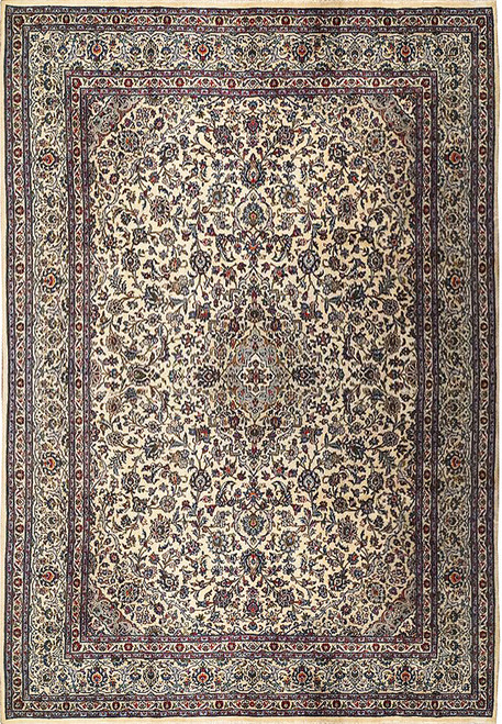 Ivory field Persian Kashan rug with all-over blue floral vines and pale center medallion