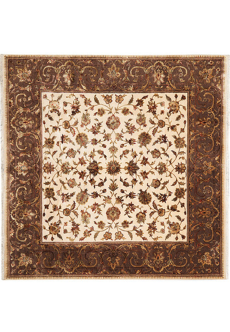 Ivory all over floral square rug with deep chocolate brown border, hand-knotted wool and silk