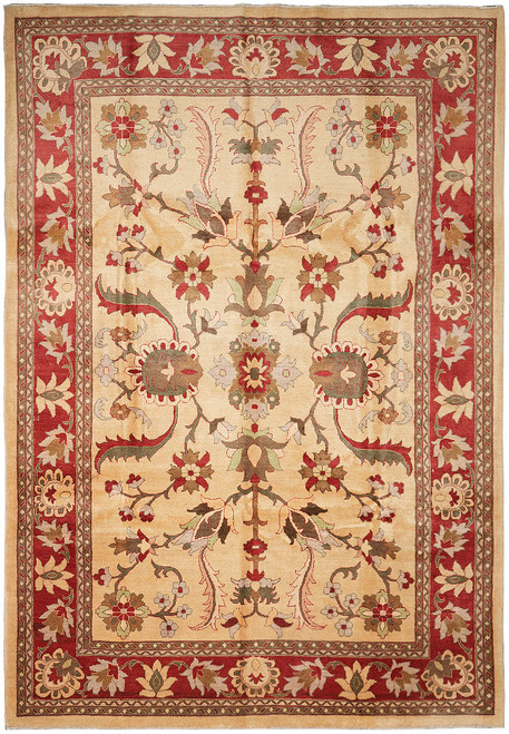 Overhead view of beige Chobi Ziegler rug with rust coral palmette border and floral field