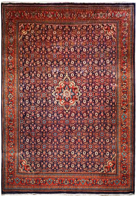 Navy blue Persian Tabriz rug with all-over Herati mahi design and ivory outlined floral medallion