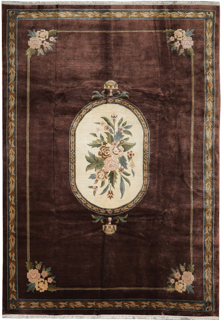 10'2 x 14 French Aubusson design rug in brown with ivory oval floral medallion