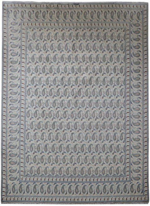 Ivory Persian Kashan rug with all-over blue paisley boteh field and multiple decorative borders