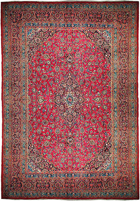 Full view of 9'9" x 12'8" Persian Kashan rug with red field and ivory medallion