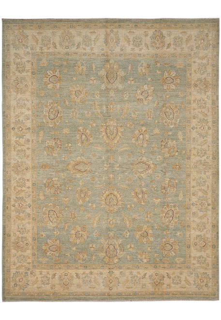 Light green Zigler Chobi rug with beige floral border, all-over palmette design, hand-knotted wool