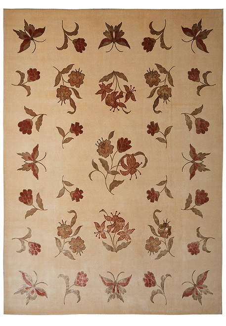 Full view of ivory 8x10 Tibetan wool and silk rug with scattered florals and butterflies